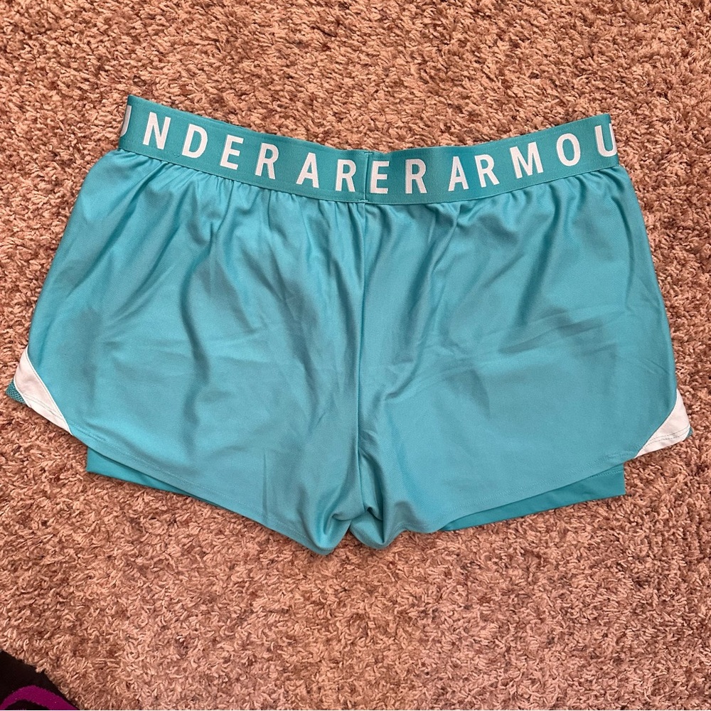 Under Armour Play Up 2-in-1 Women’s Athletic Training Shorts XXL Neptune Green - Picture 8 of 9